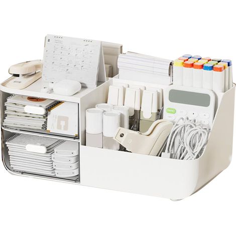 Coffret rangement maquillage multifonction tertre cosmétique avec 2 tiroirs pour coiffeuse bureau PP PS 27,5x14,5x12,5 cm blanc (1/4)