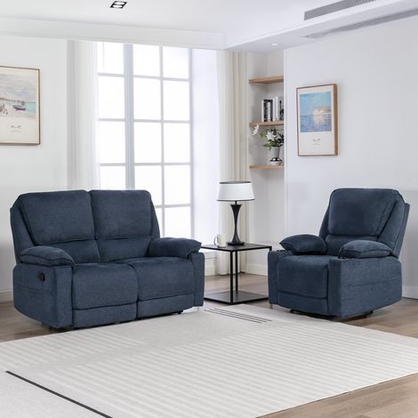 SYDNEY 1+2 SEATER FABRIC MANUAL RECLINER SOFA SET BLUE (1/5)