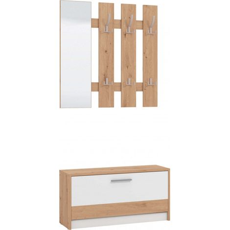 Parete attrezzata mobile da ingresso con cassetto scarpiera a doppio scomparto e appendi abiti 18 posti Ferdinand -  Legno naturale e grigio scuro