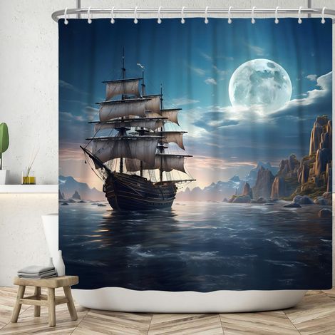 Rideau de douche maritime 180 x 200 cm, lumière de lune, nuit, océan, aventure, voiliers, lune, salle de bain, lavable, rideau de douche, polyester, textile, imperméable (1/5)