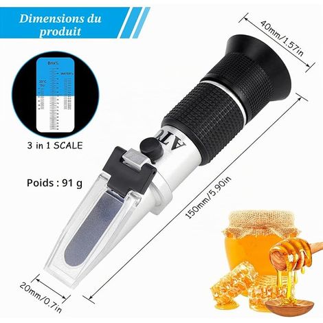 Refractometer 3 in 1 Honey with triple scale water Brix Be' Sugar refractometer for measuring honey syrup jam molasses etc (1/4)