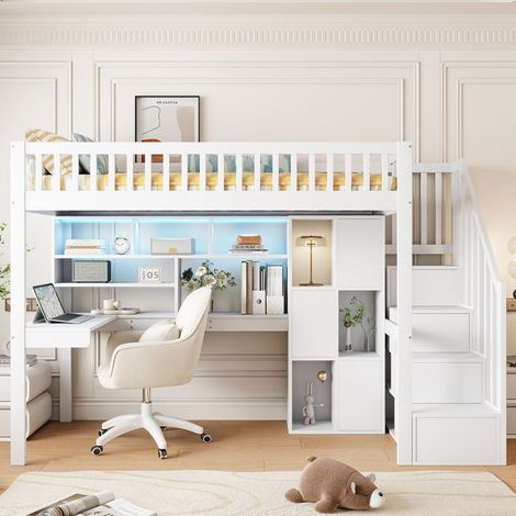 Lit mezzanine 90 x 200 cm blanc avec bureau, étagères, LED et rangement - sans matelas