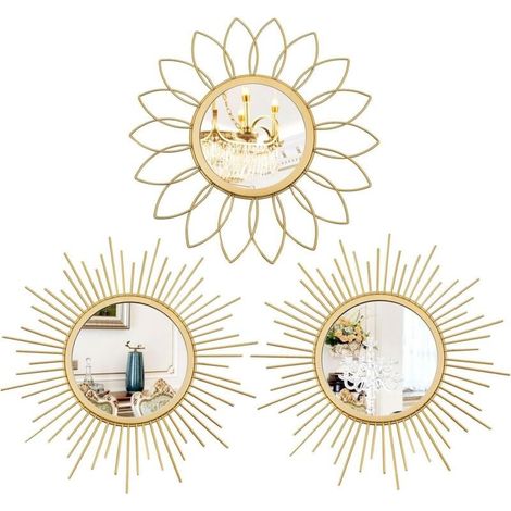 Lot de 3 Miroirs Soleil Dorés à Suspendre Décoration Murale Métal Salon Chambre Entrée (1/4)