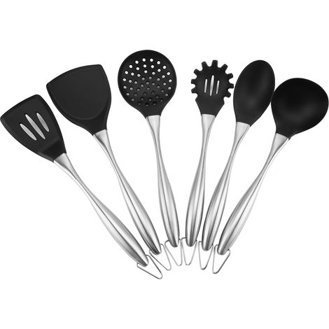 Juego de 6 utensilios de cocina, de silicona y acero inoxidable 304, con diseño para colgar, resistentes a los arañazos, para cocinar a diario. (1/5)