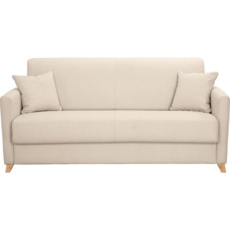 Canapé convertible 3 places en tissu beige et bois clair avec matelas 13 cm SKANDY (1/5)