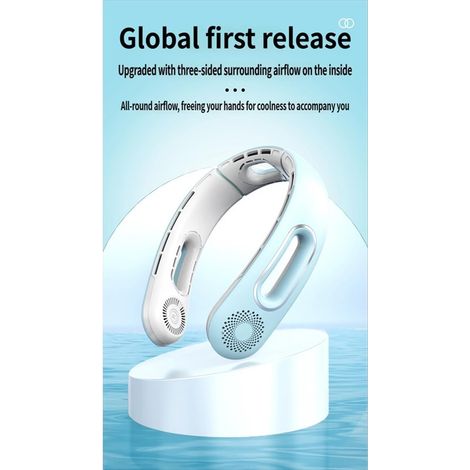 Ventilateur de Cou -Rafraîchissant Mains Libres -Flux air 3 côtés 4 vitesses USB - Léger sans pales intérieur extérieur - Bleu clair (1/4)