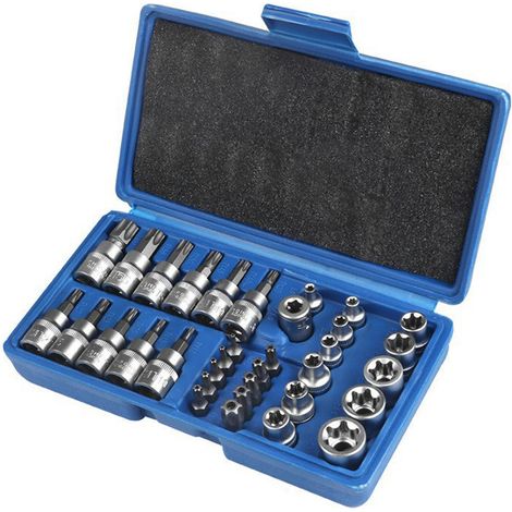Ein Set aus 34 Steckschlüsseln (männlich und weiblich) sowie Bits und Adaptern eignet sich für Werkzeugsets zur Reparatur von Mechanik und Kraftfahrzeugen. (1/5)