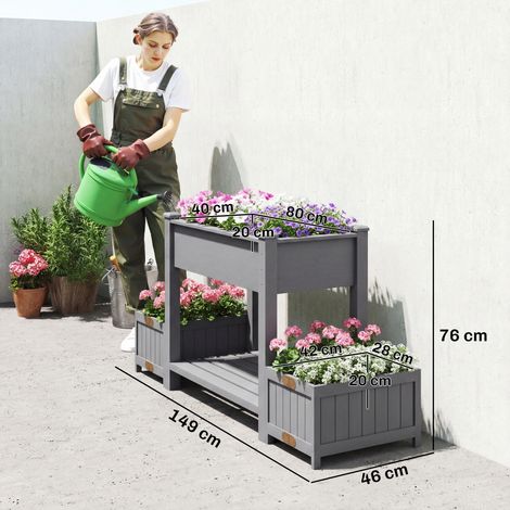 Jardinière haute (avec 2 pots latéraux et une étagère à outils), en épicéa, 149 x 46 x 76 cm, grise (1/5)
