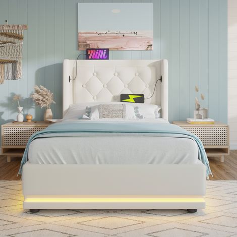 Cama individual tapizada 90x200 cm moderna en PU blanco, arcón hidráulico, cabecero con USB y Tipo-C, LED 3 lados, con colchón (1/5)