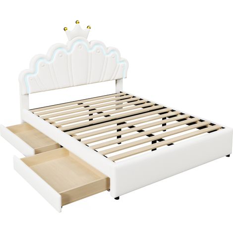 Letto con Cassetti 140 x 200 cm, Letto Matrimoniale con 2 Cassetti, Testiera Regolabile e LED, senza Materasso, PU Bianco (1/5)