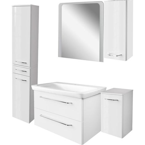 Fackelmann MILANO Badmöbel Set 6-teilig, 80 cm, Weiß, Keramik, LED-Spiegel + 3 Schränke"-"90289145 (1/5)