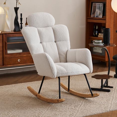Fauteuil à bascule,tissu doux effet peluche, capitonné, assise rembourrée pour salon et chambre, blanc (1/5)