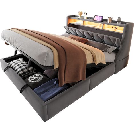 Lit coffre rembourré en velours gris 180x200 cm avec LED, tête de lit rabattable avec rangements et prises, sommier à lattes (1/5)