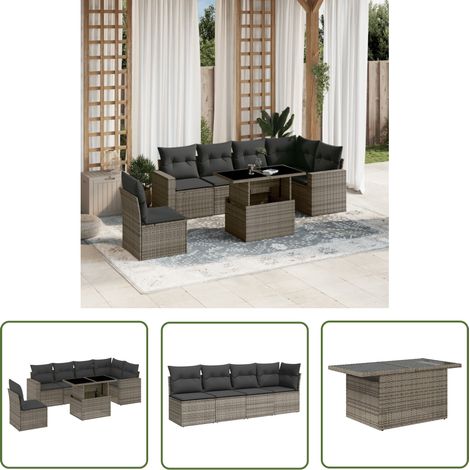 The Living Store Salon de jardin avec coussins 7 pcs gris résine tressée - Ensemble Salon Jardin - Meuble Extérieur - Résine Tressée - Rotin Synthétique - Table Extensible (1/5)