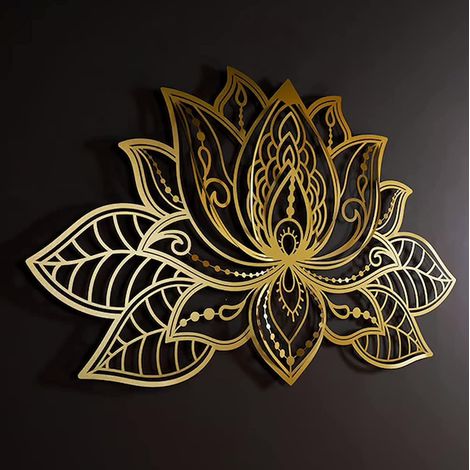 Mandala mural fleur de lotus métal or 30x21 cm, décoration spirituelle pour salle de yoga, chambre ou salon méditation