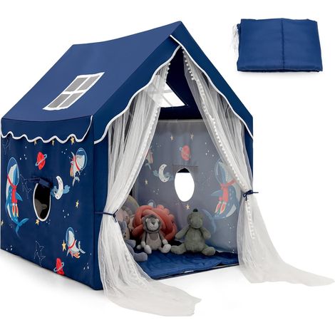 COSTWAY Tienda Campaña Infantil, Tienda de Campaña de Interior con Alfombra Acolchada Extraíble, Tienda con Puerta de Gasa, Ventanas de Malla Transpirable, Coloridos Motivos Decorativos (Azul) (1/5)