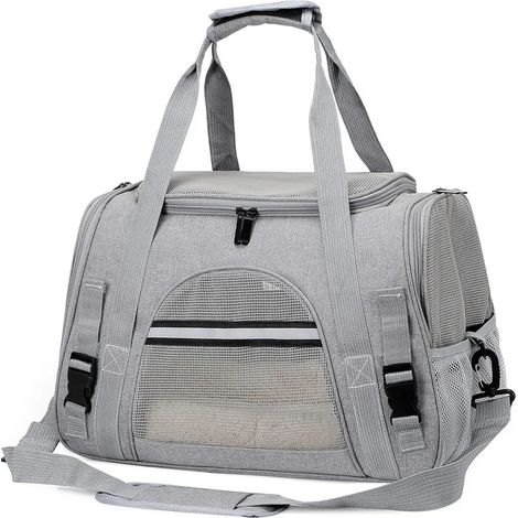 Sac de transport pour chat et chien, sac de voyage respirant pliable pour animaux, boîte de transport avec bandoulière réglable et matelas amovible en peluche (1/5)