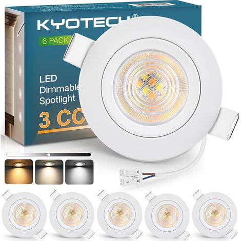 Lot de 6 spots LED encastrables - 230 V - Intensité variable - 60-70 mm - 5 W - 550 lm - 3000 K/4000 K/6500 K - IP44 - Pour salle de bain et salon - En aluminium brossé - Non rotatifs (1/5)