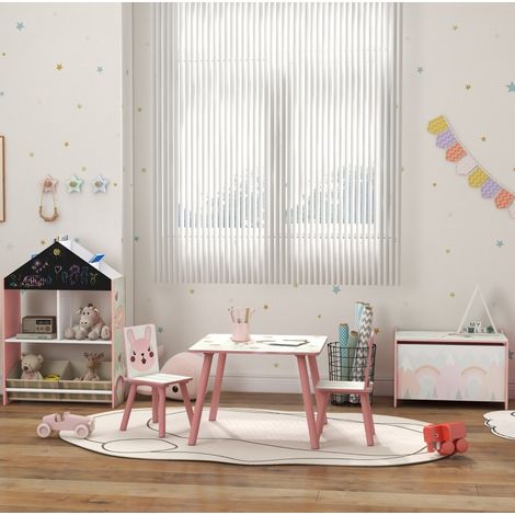 Set tavolo e 2 sedie per bambini in pino, motivo animali, rosa, camera bimbo, 3-8 anni (1/5)