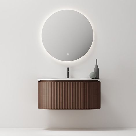 Mobile Bagno 100 cm Sospeso Rovere Scuro Specchio Tondo - Reid (1/5)