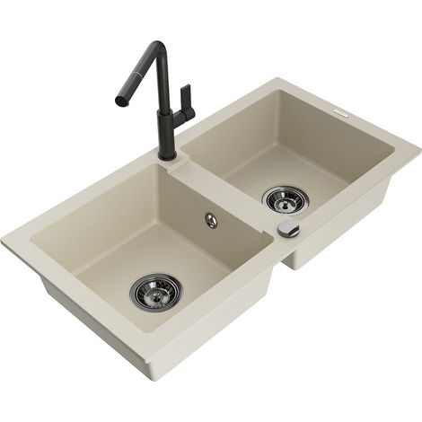 Mexen Mario 2-Becken-Granitspüle mit Mischbatterie Flora, Beige - 6504-69-670401-70-B (1/5)