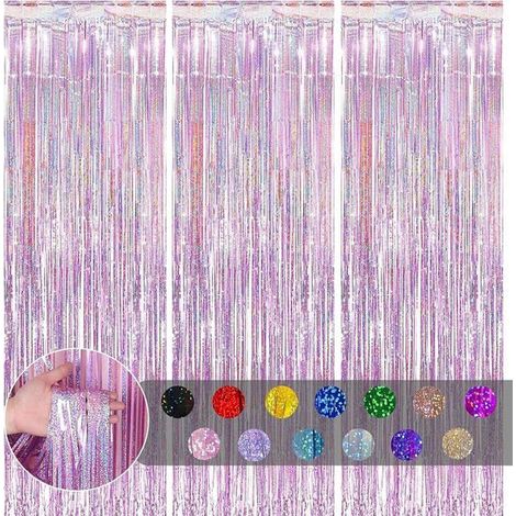 3 pièces Rideau Métallique Frange Rose, 1mx2m Scintillants Foil Rideau Shimmer Décoration Anniversaire Laser Rose RIDEAU (1/5)