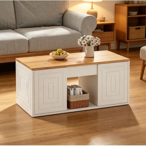 REDOM - Tavolino da caffè 46x95x45 cm, altezza regolabile, vano contenitore con 2 ante, 6 scomparti, pannello truciolare bianco e naturale (1/5)