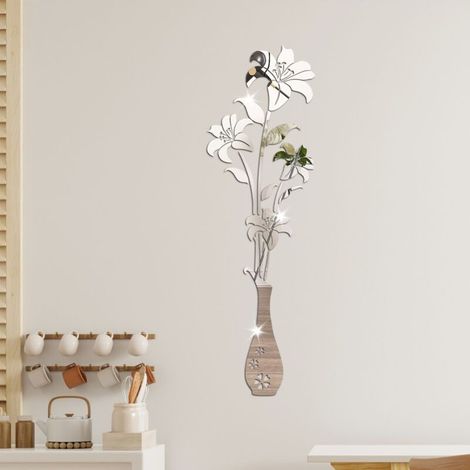 Autocollants muraux miroir – Autocollants muraux 3D en forme de fleur pour salon, chambre à coucher, décoration murale pour arrière-plan TV et toile de fond de canapé (miroir argenté) (1/4)