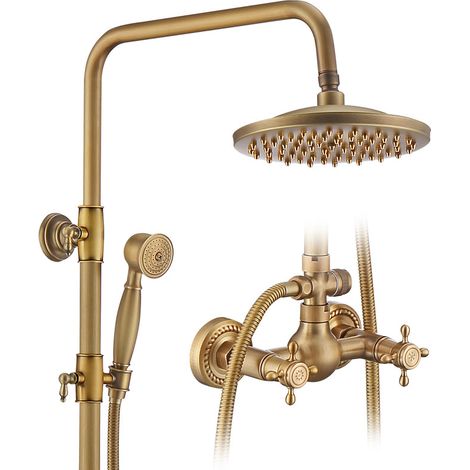 Colonne de Douche Mécanique en Laiton Massif avec Mitigeur à Double Poignée – Douche Pluie Réglable, Style Rétro Bronze Antique