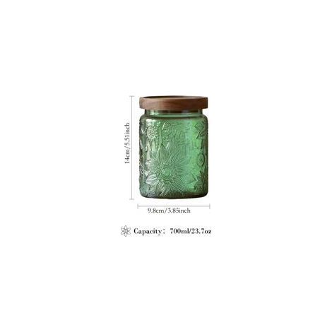 Bocal de rangement en verre avec couvercle en bois massif, motif tournesol en relief, 700 ml, vert () (1/3)
