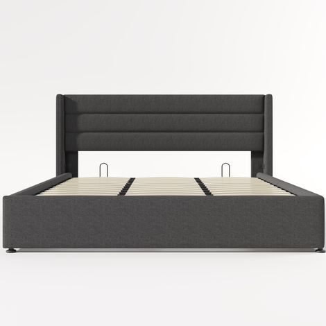 Letto contenitore imbottito idraulico 180x200 cm grigio in lino con rete a doghe in legno (1/5)