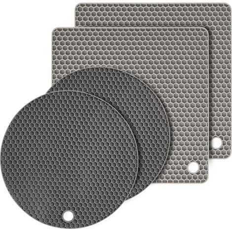 Juego de 4 salvamanteles de silicona, multiusos, resistentes al calor, flexibles, redondos, para cocina y comedor (gris y negro).