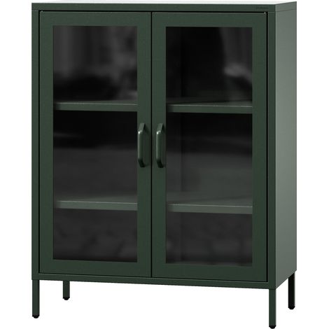 Jan Nowak kleiner Vitrinenschrank Kommode mit 2 Glastüren Gina 2 verstellbare Einlegeböden Standschrank aus Metall, 80 x 101,5 x 40 cm, Flaschengrün (1/5)