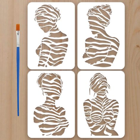 4Pcs Pochoirs Femme 21x29.7cm Pochoir Peinture Féminin Artistique Modèles Dessin Figure Abstraite Avec Un Pinceau pour Peinture sur Toile Meuble Décoration Mur Projets DIY (1/5)