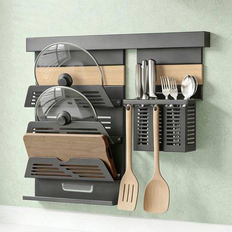 Mai & Mai Porta Coperchi e Porta Mestoli da Cucina in Lamiera Zincata, Portautensili con 5 Ganci, Portacoperchi a 3 Livelli, da Parete con Guide, Grigio, Reglo-11+Reglo-12 (1/5)