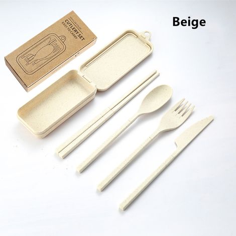 (Beige) Ensemble de couverts portables quatre pièces, fabriqué en plastique PP respectueux de l'environnement, détachable. (1/5)