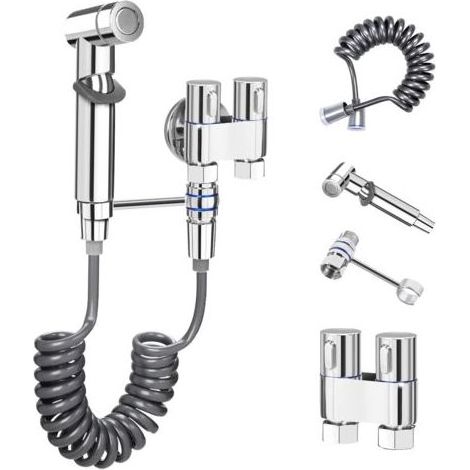 Kit Douchette Wc,Douchette Toilette,Noyau en Laiton,Avec Robinet D'Arret,Flexible,Support,Ensemble de Bidet de Salle de bain/Wc,pour L'hygiène Personnelle,les Toilettes Propres Chromé (1/5)