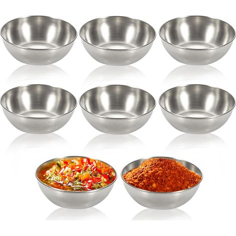 Lot de 8 bols ronds à sauce : bols de service en acier inoxydable, mini bols à sauce, bols à sauce, bols à sauce, bols pour sushis, collations, épices, moutarde (8,2 x 2,7 cm) (argenté) (1/5)