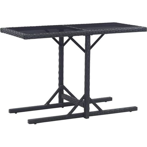 Table de jardin noire, mesurant 110x53x72 cm, en verre et résine tissée. (1/5)