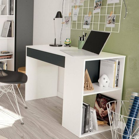 Dmora Escritorio Boise, Escritorio reversible con cajón, Mesa de estudio u oficina para PC, cm 101x50h73, Blanco y Antracita, con embalaje reforzado (1/5)