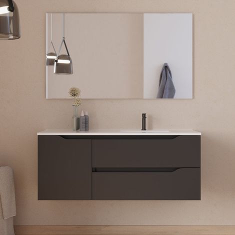Meuble de salle de bain 120cm avec vasque déportée à droite et miroir - 2 tiroirs et un placard - noir - ZARZA (1/5)