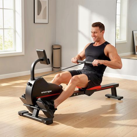 Rameur Magnétique Appareil de Musculation Bluetooth Connecté Kinomap & Zwift 16 Niveaux de Résistance 135x42x72cm Rouge cerise (1/5)