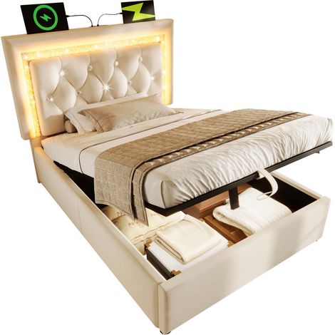 CHICFURN Lit coffre 90x200 cm en velours beige avec matelas, tête de lit LED, ports USB et Type-C, cadre en métal, rangement hydraulique et sommier inclus (1/5)