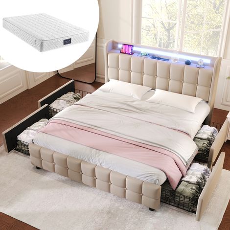 Letto matrimoniale imbottito moderno 140x200 cm beige con testiera USB/presa, LED, 4 cassetti, rete a doghe e materasso (1/5)