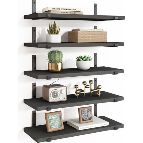 Set 5 Mensole da Parete Nero Scaffali da Muro con Staffe in Metallo 40x12 cm