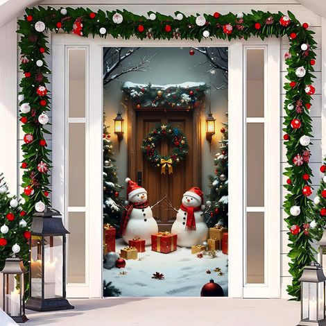 Rideau de porte de Noël 2026, bannière extérieure avec fond photo Père Noël et chien, tissu à suspendre - 90 x 180 cm (œillets + ruban) - 57