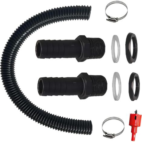 Kit de raccordement pour Baril de Pluie 2 Douilles pour Baril de Pluie 1,25 Pouce avec Embout de Tuyau 100 cm Tuyau de raccordement 32 mm et ouvre-Trou 2 Colliers de Serrage (1/5)
