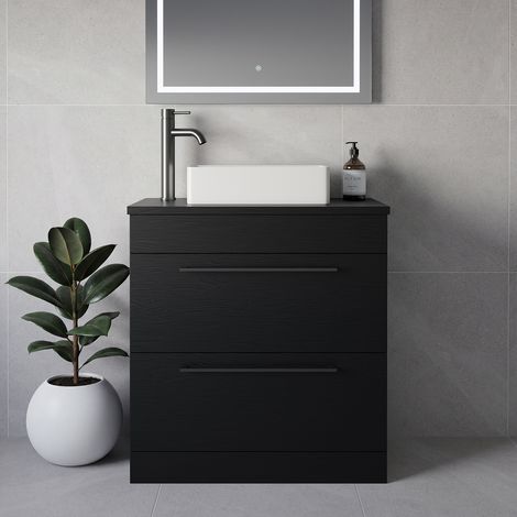 Napoli 390 Nero Oak 800mm 2 Drawer Vanity Unit for Countertop Basins - 800mm - Gunmetal Grey 480mm Handle