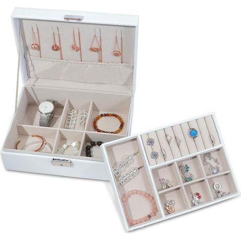 Große Schmuckschatulle für Damen – Weiß – 2 Ebenen – mit Schlüsseln – Kunstleder – für Ringe, Ohrringe, Halsketten, Armbänder und Haarnadeln