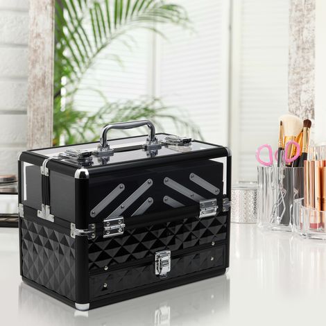 Mallette à maquillage - coffre à cosmétiques - rangement produits de beauté - dimensions 30L x 18l x 22H cm - poignée serrure alu. noir